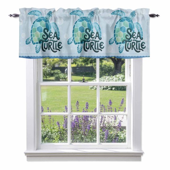 Summer Blue Sea Turtle Valances for Windows Nautical Watercolor Ocean Waves Bubble Rod Pocket Cafe Window Treatments Valance Curtains for Kitchen Bathroom Laundry Basement Windows 42"x12"