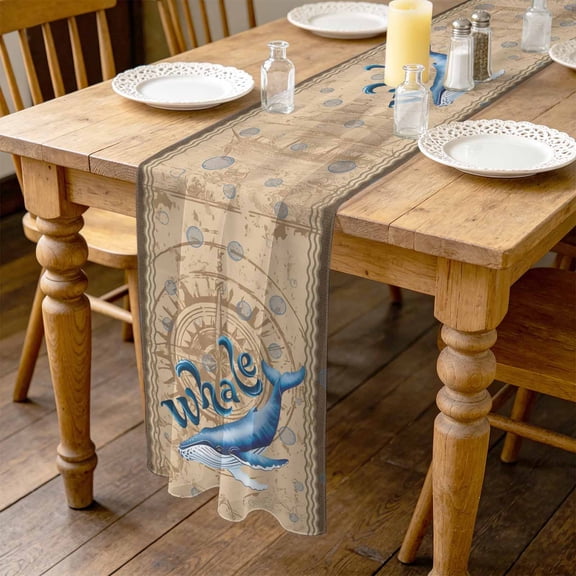 Summer Blue Sea Whale 4.5ft Cheesecloth Table Runner for Wedding 19"x55", Nautical Vintage Ocean Wave Compass Sailboat Linen Kitchen Dinner Sheer Tulle Chiffon Dresser Scarf, Holiday Party Decor