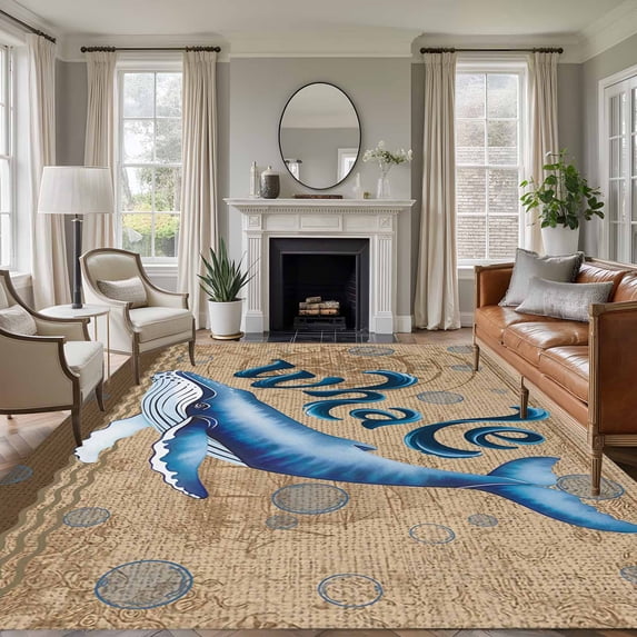 Summer Blue Sea Whale Living Room Rugs 6'x9', Nautical Vintage Ocean Wave Compass Sailboat Linen Low Pile Throw Large Area Rug Non-Slip Sturdy Edge Binding Carpet for Dining Room Kitchen Office