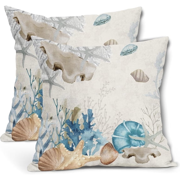 Summer Blue Seashell Square Pillow Covers 16X16 Inch Starfish Coral Ocean Beach Decorative Cotton Linen Coastal Seasonal Pillow Cases Set of 2 Holiday Home Decor for Sofa Couch Cushion Outdoor