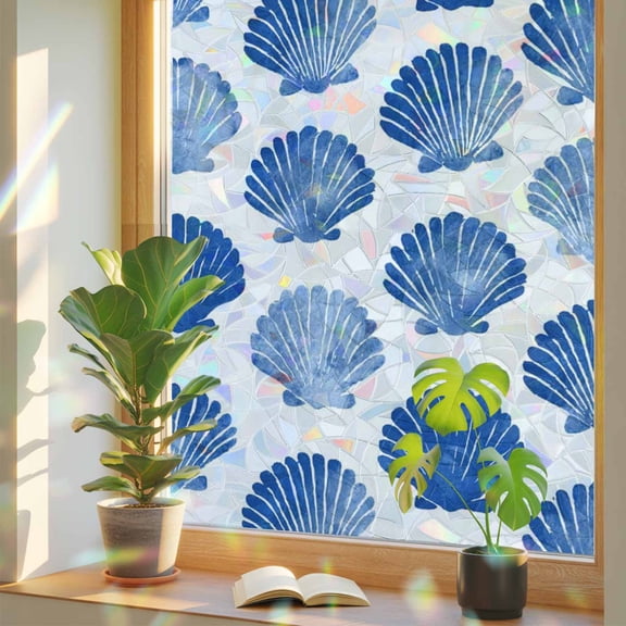 Summer Blue Seashell Window Privacy Film, Rainbow Film Decorative Window Sticker 17.7x39.3in, Marine Life Shell Sun Blocking Static Stained Glass Cling Tint Non-Adhesive