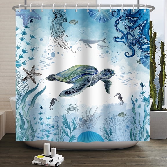 Summer Blue Shower Curtain,Turtle Coral Coastal Sea Nautical Bathroom Curtain with Hooks,72"x72" Inch