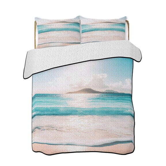 Summer Blue Sky Quilts Bedding Set California King Modern Style Ocean Beach Wave Lightweight Quilted Bedspread 3 Piece Bed Quilt with 2 Pillow Shams All Season for Bedroom 96" x 106"