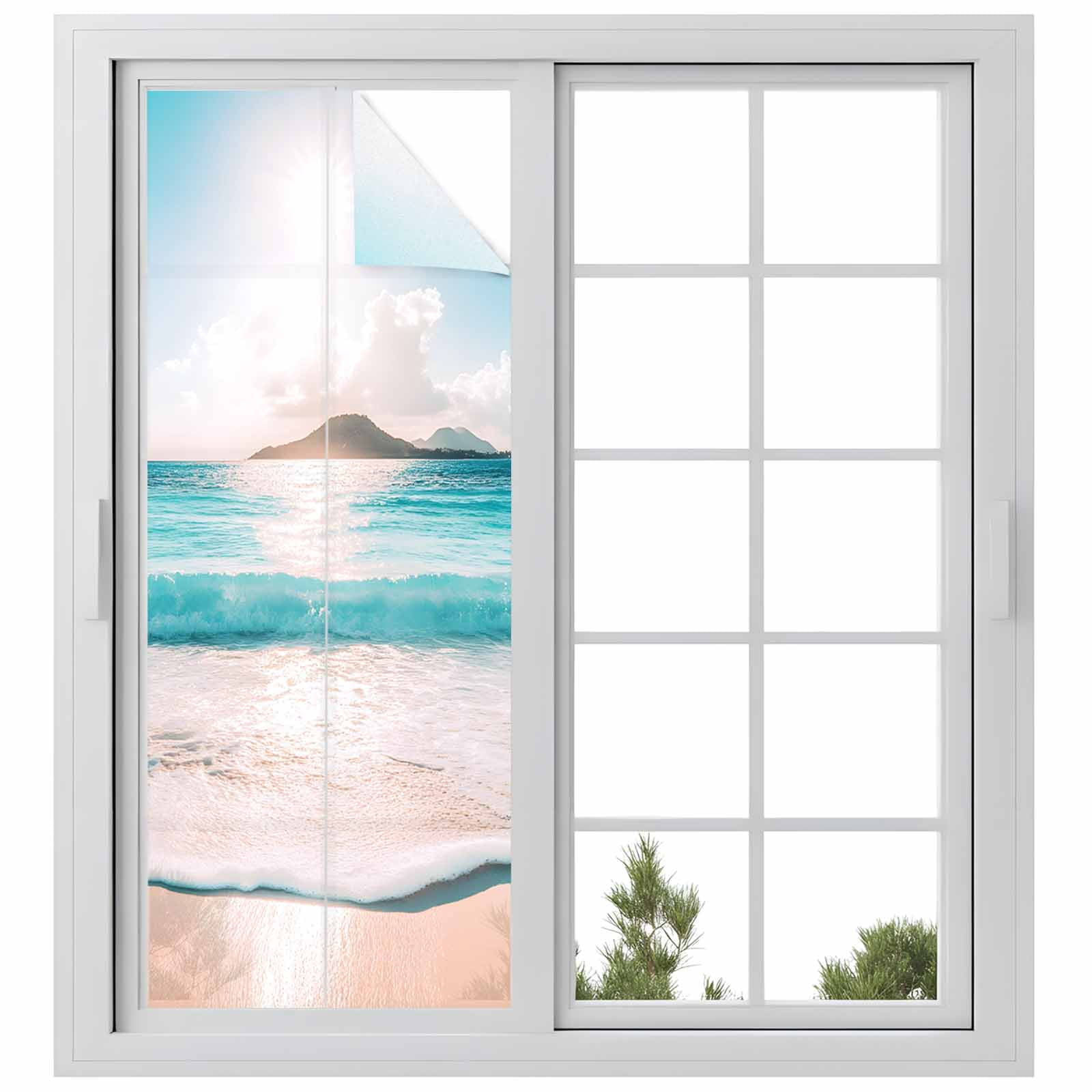 Summer Blue Sky Window Privacy Film, Modern Style Ocean Beach Wave Frosted Glass Window Clings Static Cling UV Heat Blocking Reusable Door Sticker for Bathroom 23.6 x 59 Inch