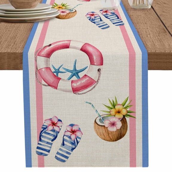Summer Blue Slippers Coconut Swimming Ring Table Runner-70 Inch Long Vintage Linen Table Runners Linen Burlap Tablerunner for Kitchen Dining Room Holiday Party