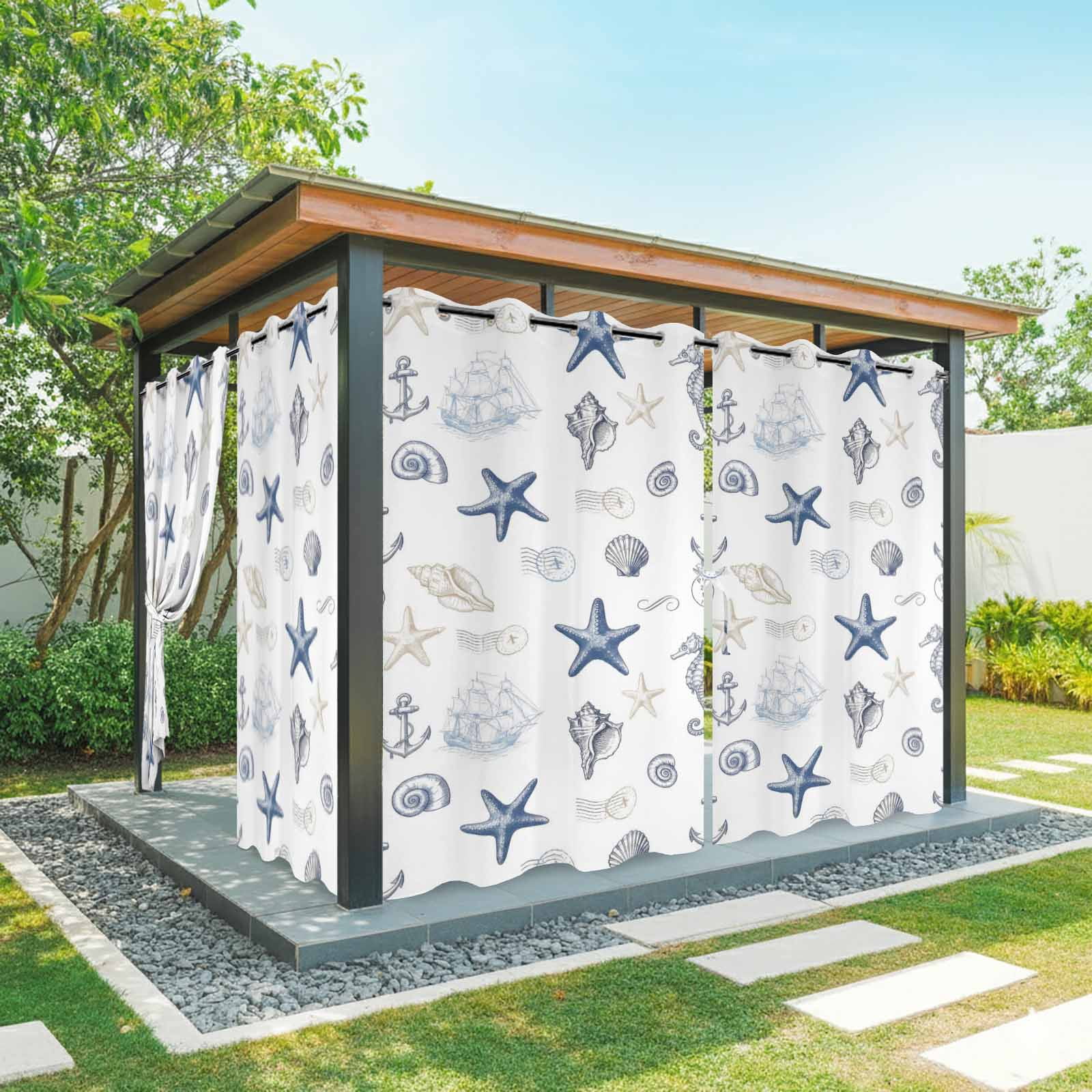 Summer Blue Starfish Outdoor Curtains for Patio, Seahorse Shell Conch Nautical Ship Anchor Sunshade Privacy Drapes Grommet Waterproof Outside Curtains for Porch/Cabana/Balcony 54"x 108", 1 Panel