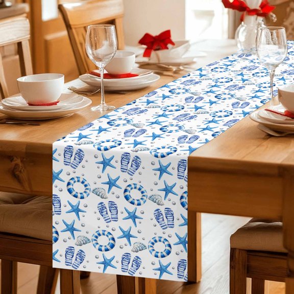 Summer Blue Starfish Swimming Ring Table Runner 36 Inches Long,Kitchen Dining Tablerunners Coastal Beach Linen Table Runners Dresser Scarves for Home Dinner Wedding Holiday Party Decor