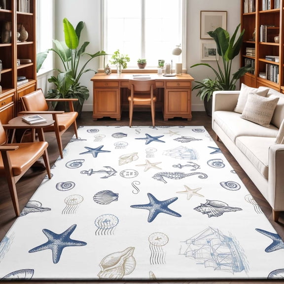 Summer Blue Starfish Washable Area Rug 9 x 12 ft Seahorse Shell Conch Nautical Ship Anchor, Soft Non Slip Rugs Stain Repellent Indoor Felt Carpet for Living Dining Room Bedroom Home Office