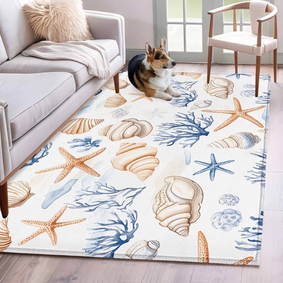 Summer Blue Washable Area Rugs 2.7'x5', Yellow Shell Starfish Coral Marine Life Coastal Low Pile Throw Living Room Rug Non-Slip Sturdy Edge Binding Carpet for Indoor Entryway Bedside Kitchen