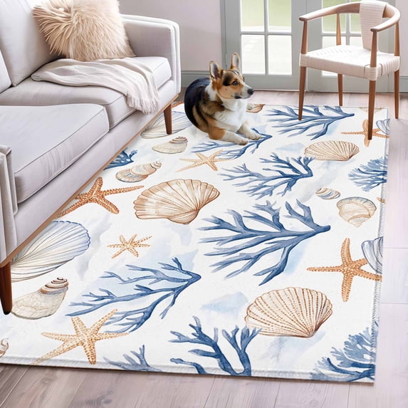 Summer Blue Washable Area Rugs 3'x5', Yellow Coral Shell Starfish Marine Life Coastal Low Pile Throw Living Room Rug Non-Slip Sturdy Edge Binding Carpet for Indoor Entryway Bedside Kitchen