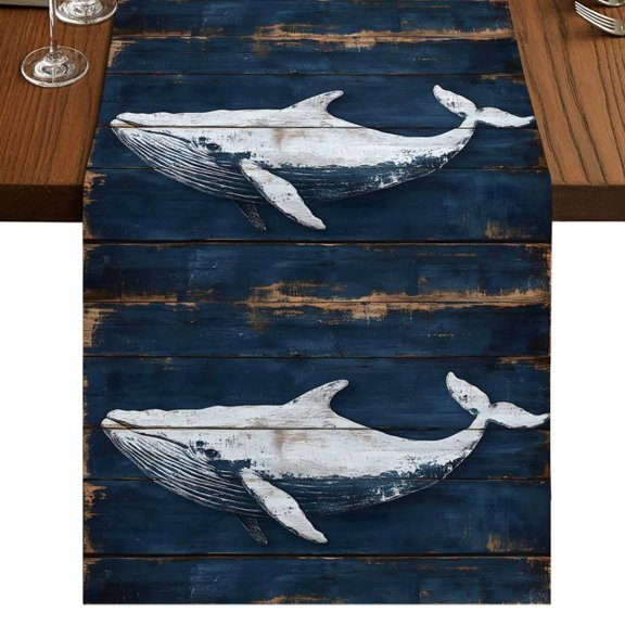 Summer Blue Whale 36 Inch Table Runner, Coastal Ocean Vintage Wooden Grain Farmhouse Dresser Scarf Cotton & Linen Tablerunner for Dining/Kitchen Island/Holiday Party Décor Small 13" x 36"