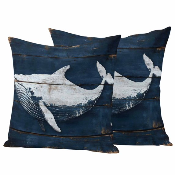 Summer Blue Whale Outdoor Waterproof Pillow Covers, Coastal Ocean Vintage Wooden Grain Decorative Square Throw Pillowcase Sofa Cushion Sham for Patio/Couch/Chair, 16"x16" 2 Pack