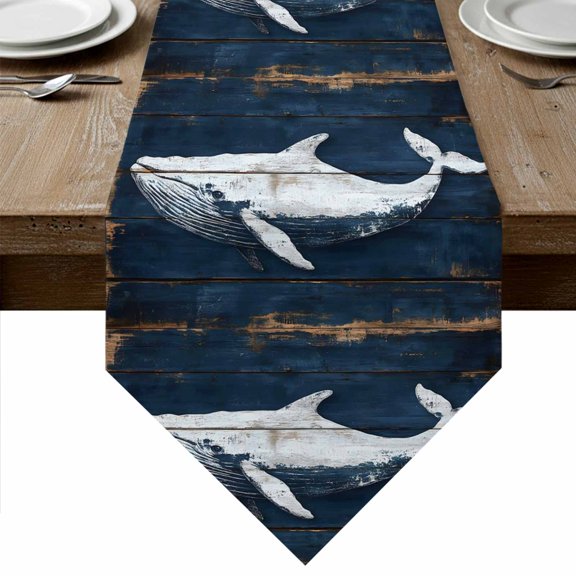 Summer Blue Whale Table Runner Linen Burlap Table Runner 36 Inches Small Coastal Ocean Vintage Wooden Grain Dresser Scarves for Kitchen Island Coffee Dining Party Wedding Holiday Decor 13"x36"