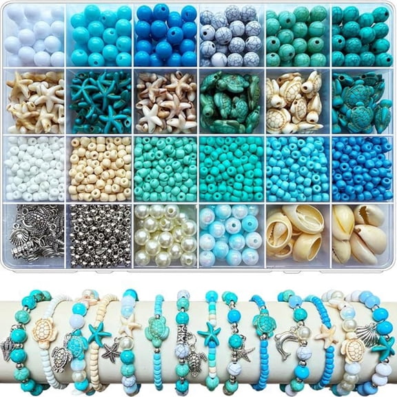 Summer Blue White Ocean Themed Beads Jewelry Making Kit, Sea Turtle Starfish Shell Alloy Charms Bead Set for DIY Bracelet Earring Handmade Craft,B