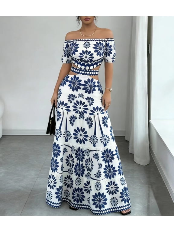 Summer Blue and White Daisy Print Off-Shoulder Beach Dress