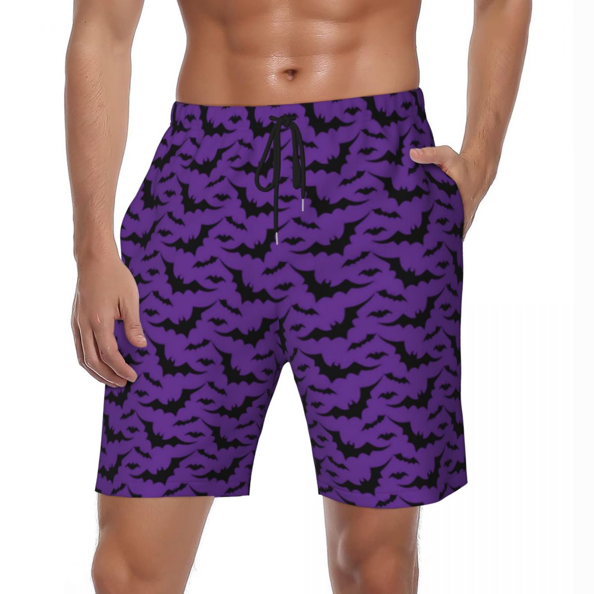 Summer Board Shorts Males Black Bats Running Surf Halloween Print Beach
