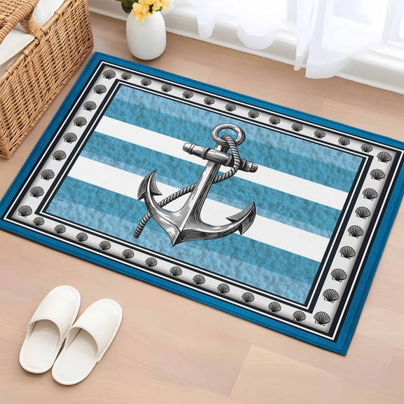 Summer Boat Anchor 2'x3' Rug for Entryway Front Door Kitchen Sink Area, Nautical Ocean Shells Anchor Blue White Stripe Low Pile Washable Non Slip Rectangle Area Rug