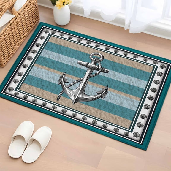 Summer Boat Anchor 2'x3' Rug for Entryway Front Door Kitchen Sink Area, Nautical Ocean Shells Anchor Green Blue Stripe Low Pile Washable Non Slip Rectangle Area Rug