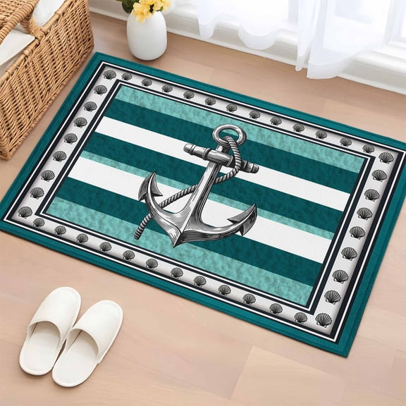 Summer Boat Anchor 2'x3' Rug for Entryway Front Door Kitchen Sink Area, Nautical Ocean Shells Anchor Teal White Stripe Low Pile Washable Non Slip Rectangle Area Rug