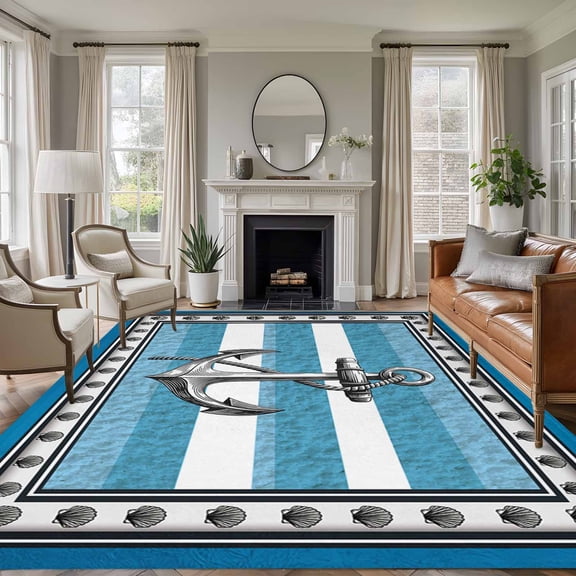 Summer Boat Anchor 8'x10' Large Area Rug for Living Room Sectional Sofa, Nautical Ocean Shells Anchor Blue White Stripe Washable Non Slip Low Pile Rectangle Area Rug