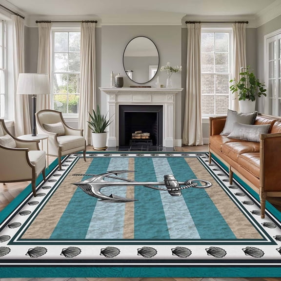 Summer Boat Anchor 8'x10' Large Area Rug for Living Room Sectional Sofa, Nautical Ocean Shells Anchor Green Blue Stripe Washable Non Slip Low Pile Rectangle Area Rug