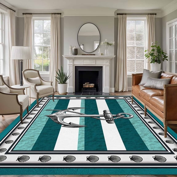 Summer Boat Anchor 8'x10' Large Area Rug for Living Room Sectional Sofa, Nautical Ocean Shells Anchor Teal White Stripe Washable Non Slip Low Pile Rectangle Area Rug