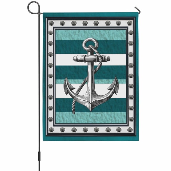 Summer Boat Anchor Garden Flag 12 x 18 Inches, Nautical Ocean Shells Anchor Teal White Stripe Weather Proof Outdoor Patio Flags Double Sided Small Garden Decoration for Yard Outside Home