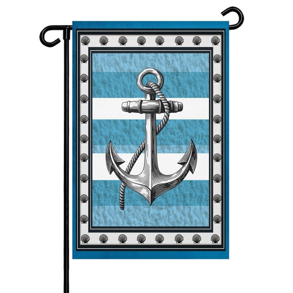 Summer Boat Anchor Garden Flag 12x18 Inch Nautical Ocean Shells Anchor Blue White Stripe Double Sided Small Decorative Garden Flags for Outside, Outdoor Yard Porch Lawn Decoration