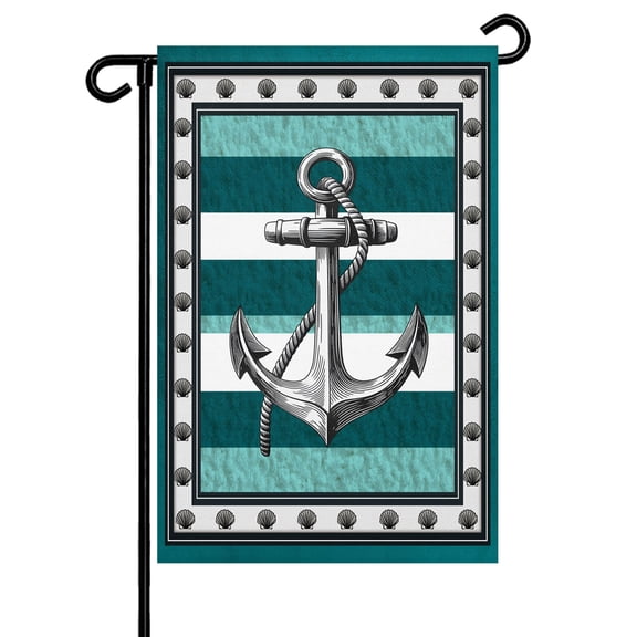 Summer Boat Anchor Garden Flag 12x18 Inch Nautical Ocean Shells Anchor Teal White Stripe Double Sided Small Decorative Garden Flags for Outside, Outdoor Yard Porch Lawn Decoration