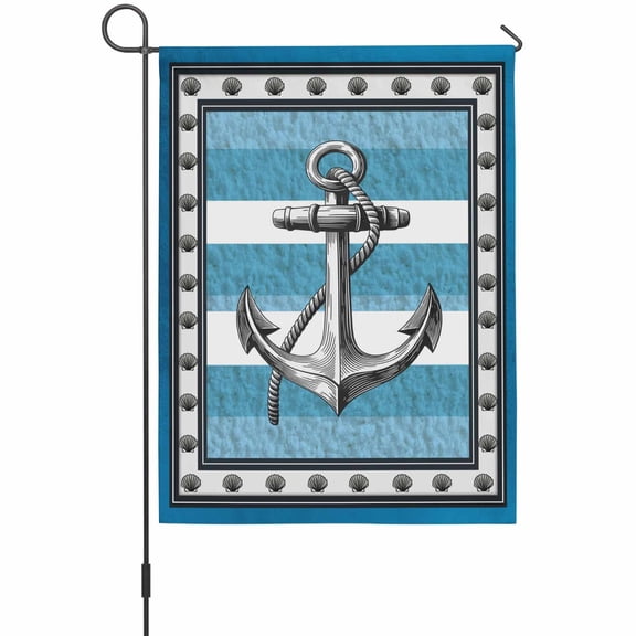 Summer Boat Anchor Garden Flags For Outdoor, Nautical Ocean Shells Anchor Blue White Stripe Small Double Side Yard Flags Weather Proof Garden Decor for Lawn Outside Holiday 12 x 18 Inches