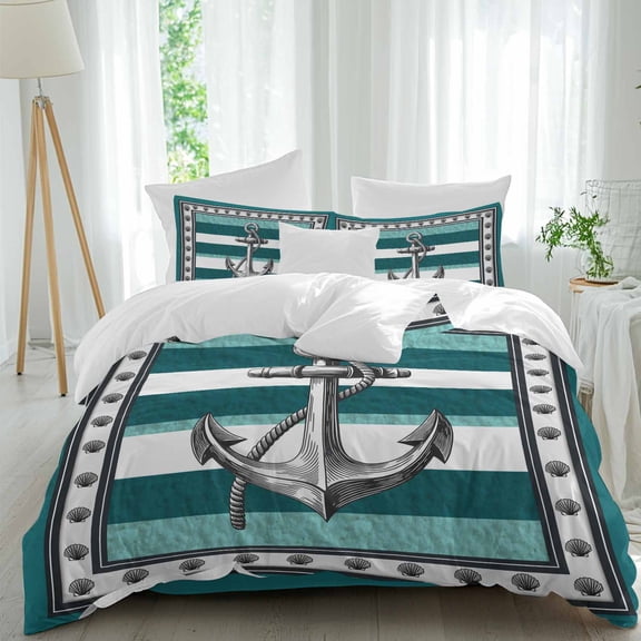 Summer Boat Anchor Queen Size Comforter Set, Nautical Ocean Shells Anchor Teal White Stripe Bedding for All Seasons, 4 Pcs Bed Set, 1Quiltcover (90"x92") ,1Sheet(94"x116"), 2Pillowcases (30"x20")