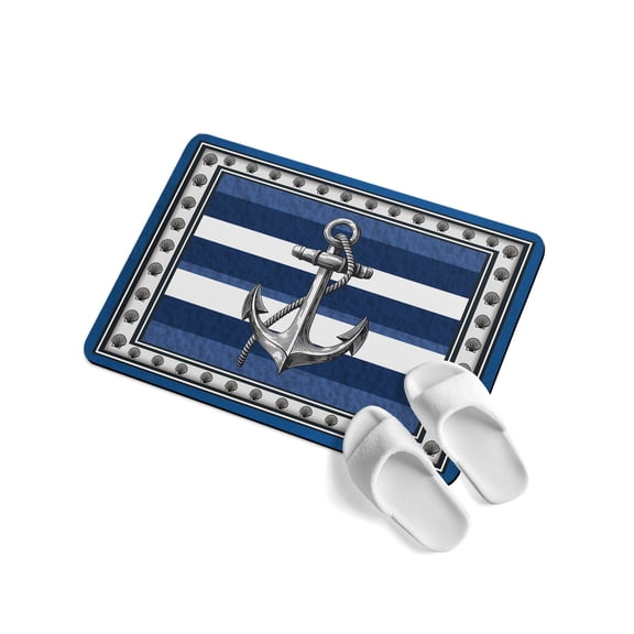 Summer Boat Anchor Soft Diatomaceous Earth Mat, Nautical Ocean Shells Anchor Dark Blue White Stripe Absorbent Bath Mat Non Slip Rubber Backed Quick Dry Doormat Fit Under Door for Bathroom 16"x24"