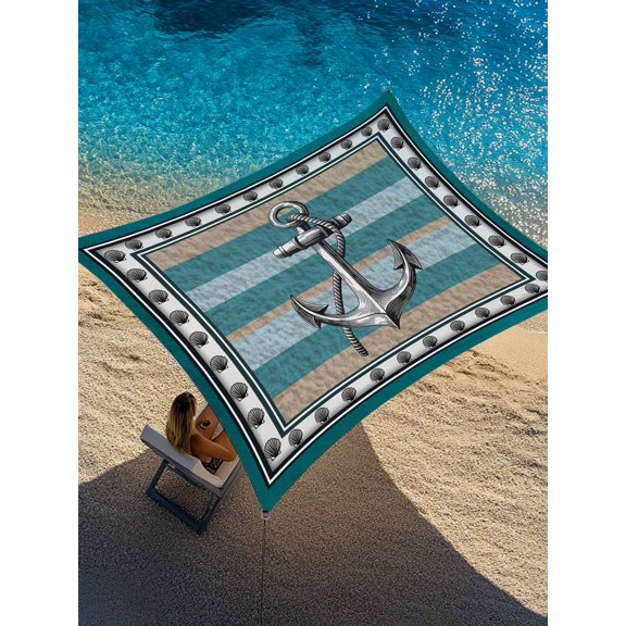 Summer Boat Anchor Sun Shade Sail 6.5' x 10', Nautical Ocean Shells Anchor Green Blue Stripe Rectangle Outdoor Sunshade Canopy, Waterproof UV Block Patio Covers for Garden Yard Beach