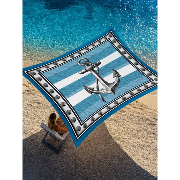 Summer Boat Anchor Sun Shade Sail 8' x 10', Nautical Ocean Shells Anchor Blue White Stripe Rectangle Outdoor Sunshade Canopy, Waterproof UV Block Patio Covers for Garden Yard Beach