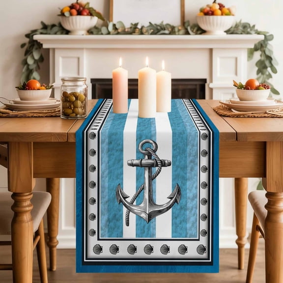 Summer Boat Anchor Table Runner, Nautical Ocean Shells Anchor Blue White Stripe Cotton Linen Kitchen Table Decoration Washable Dining Tabletop Runners for Home Party Decor 13x48 Inches