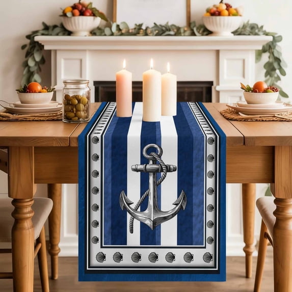 Summer Boat Anchor Table Runner, Nautical Ocean Shells Anchor Dark Blue White Stripe Cotton Linen Kitchen Table Decoration Washable Dining Tabletop Runners for Home Party Decor 13x36 Inches