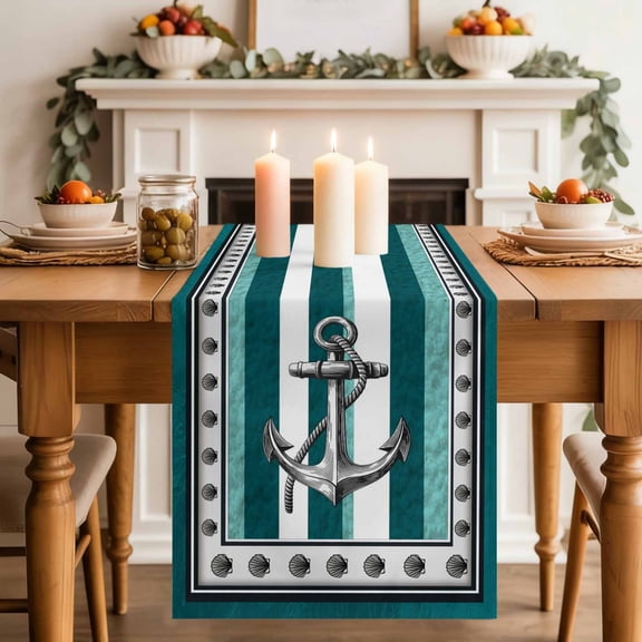 Summer Boat Anchor Table Runner, Nautical Ocean Shells Anchor Teal White Stripe Cotton Linen Kitchen Table Decoration Washable Dining Tabletop Runners for Home Party Decor 13x48 Inches