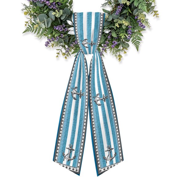 Summer Boat Anchor Wreath Sash for Front Door, Nautical Ocean Shells Anchor Blue White Stripe Satin Wreath Ribbon Bow Accessory Garland Home Decor for Doorway Porch Yard 4.5x56