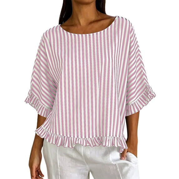 Summer Boatneck Striped Elegant Tops for Women Loose Fit Casual Ruffle Elbow Sleeve Tee Trendy Outdoor T-Shirts for 2026