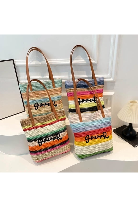 Summer Bohemian Crochet Embroidered Straw Tote Bag, Large Capacity Woven Beach Shoulder Bag, Vacation Handbag for Pool Days, Shopping, Travel Trips and Casual Outdoor Summer Daily Use, 13*11in, C