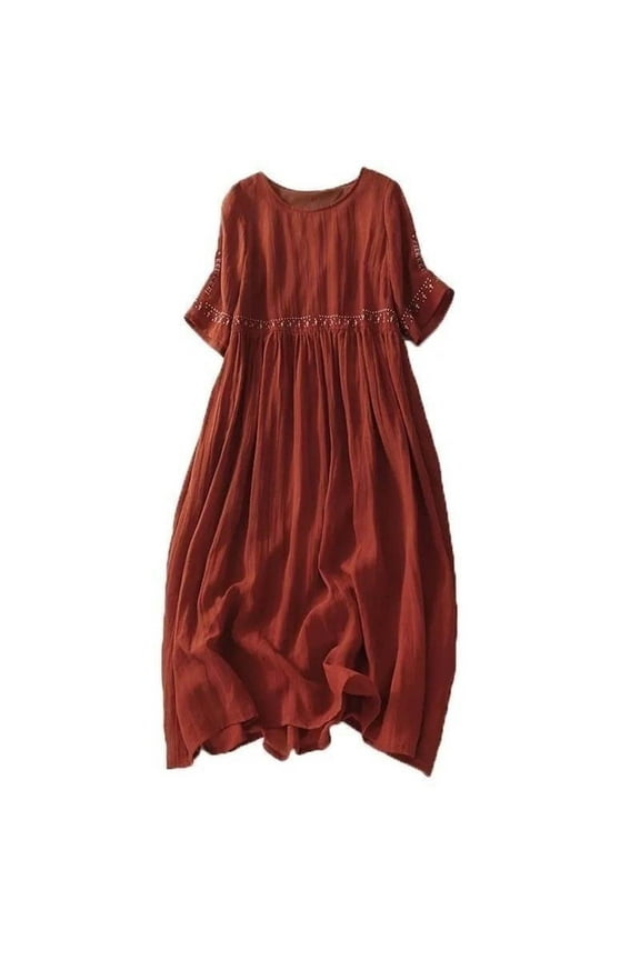 Summer Bohemian Embroidered Linen Maxi Dress for Women Flowy Midi Casual Short Sleeve Plus Size Comfortable Beach Dress