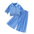 thumbnail image 1 of Summer Bohemian Outfits for Girls Short Sleeve Lapel Lace Button Down Shirts High Waist Pleated Pants Sets Blue 5-6 Years, 1 of 5