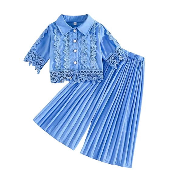 Summer Bohemian Outfits for Girls Short Sleeve Lapel Lace Button Down Shirts High Waist Pleated Pants Sets Blue 5-6 Years