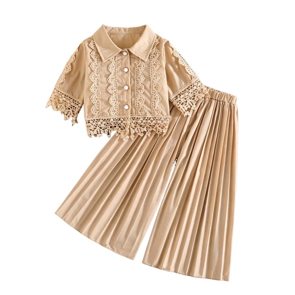 Summer Bohemian Outfits for Girls Short Sleeve Lapel Lace Button Down Shirts High Waist Pleated Pants Sets Khaki 7-8 Years
