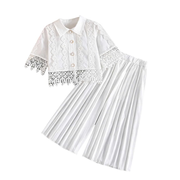 Summer Bohemian Outfits for Girls Short Sleeve Lapel Lace Button Down Shirts High Waist Pleated Pants Sets White 5-6 Years