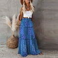 thumbnail image 1 of Summer Bohemian Tiered Long Skirt Elastic Waist Ruffle Hem Floral Print Flowy Beach Maxi Skirt Dark Blue S, 1 of 5