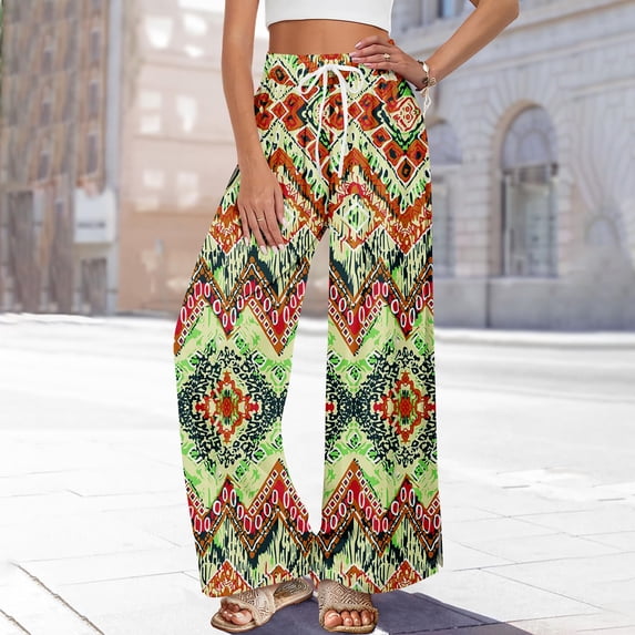 Summer Bohemian Wide Leg Lounge Pants Women Retro Patchwork Print Elastic Drawstring Waist Flowy Palazzo Pants with Storage Pockets Green M