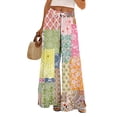 thumbnail image 1 of Summer Bohemian Wide Leg Lounge Pants Women Retro Patchwork Print Elastic Drawstring Waist Flowy Palazzo Pants with Storage Pockets Multicolor M, 1 of 8