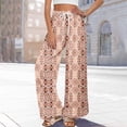 thumbnail image 1 of Summer Bohemian Wide Leg Lounge Pants Women Retro Patchwork Print Elastic Drawstring Waist Flowy Palazzo Pants with Storage Pockets Pink 2XL, 1 of 8