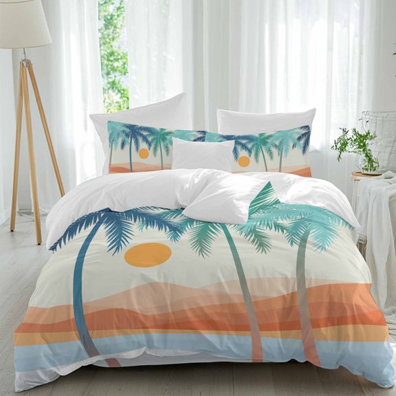 Summer Boho Coconut Trees Sunset Queen Size Bed Set,Abstract Seaside Beach Bedding for All Seasons,4 Pcs Bed Set,1 Quiltcover (90"x92"),1 Sheet(94"x116"),2 Pillowcases (30"x20")